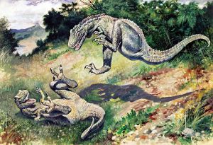 The 1897 painting of fighting "Laelaps" (now Dryptosaurus) by Charles R. Knight. PD-US, Wikimedia.